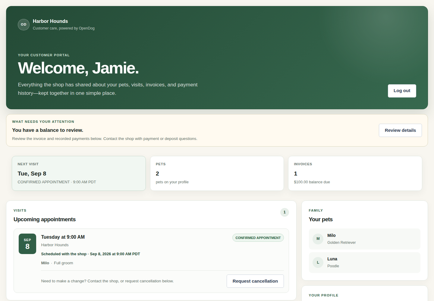 Synthetic customer portal showing a request, pets, invoice balance, and profile actions.