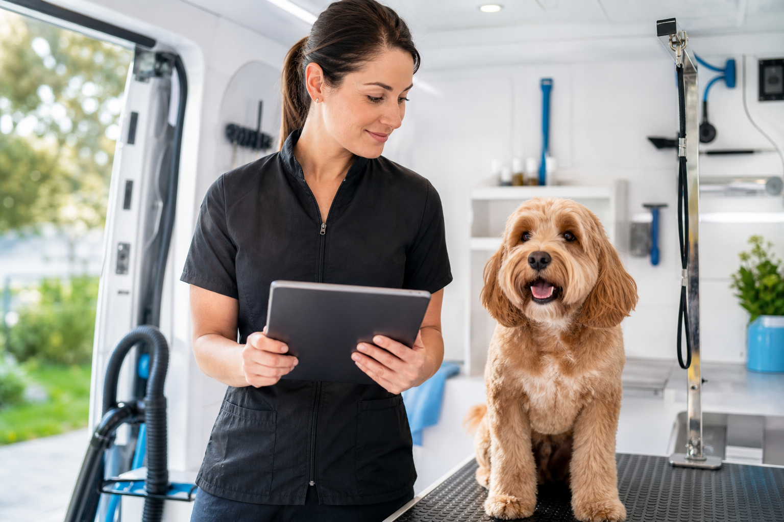 Mobile groomer reviewing client and pet details before an appointment.