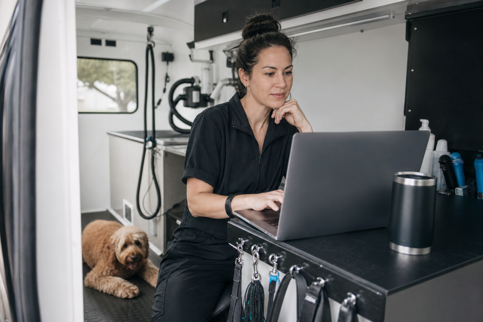 Mobile groomer reviewing the value of an organized business workflow.