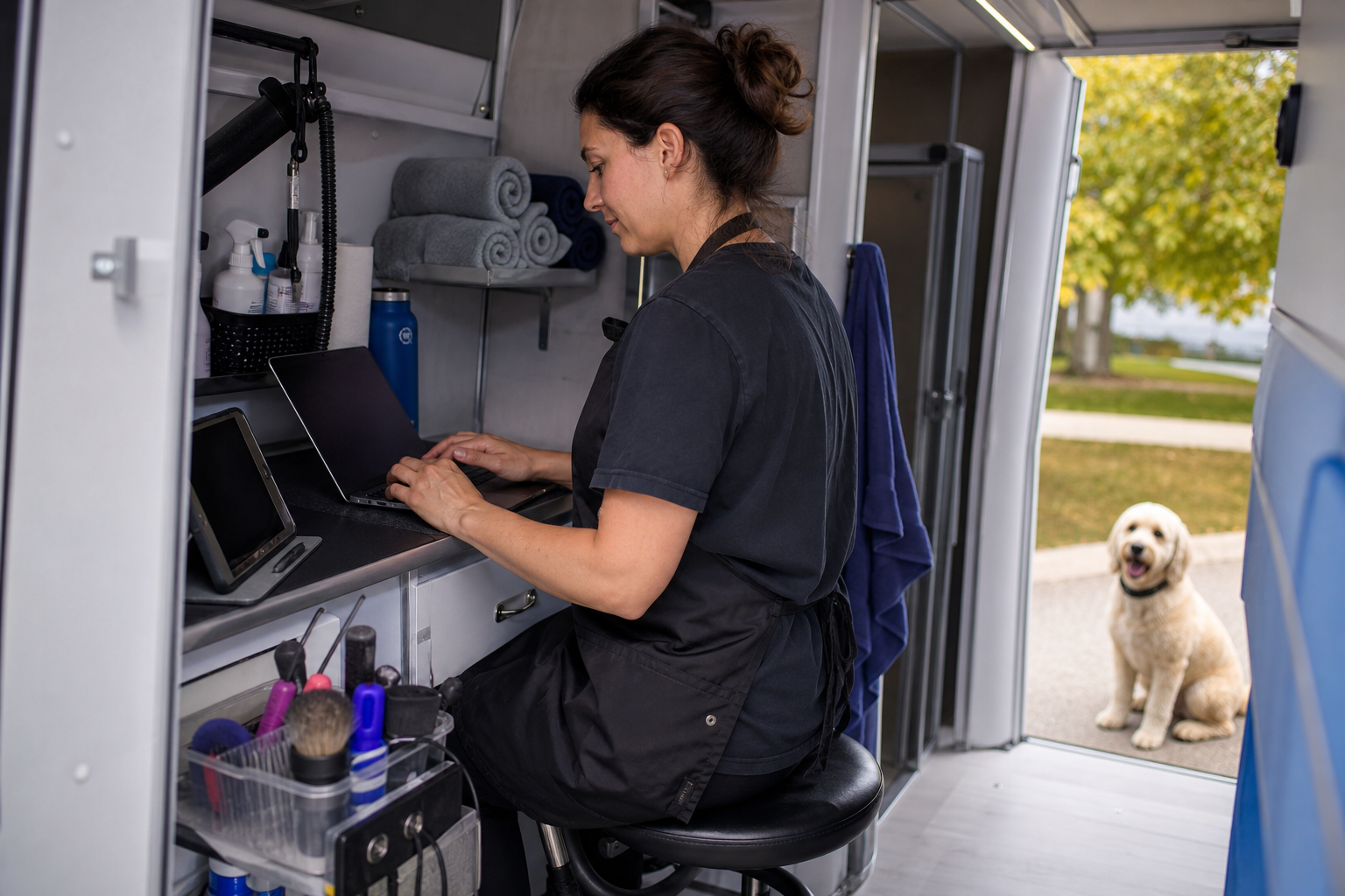Mobile groomer using OpenDog to organize the day from a tablet.