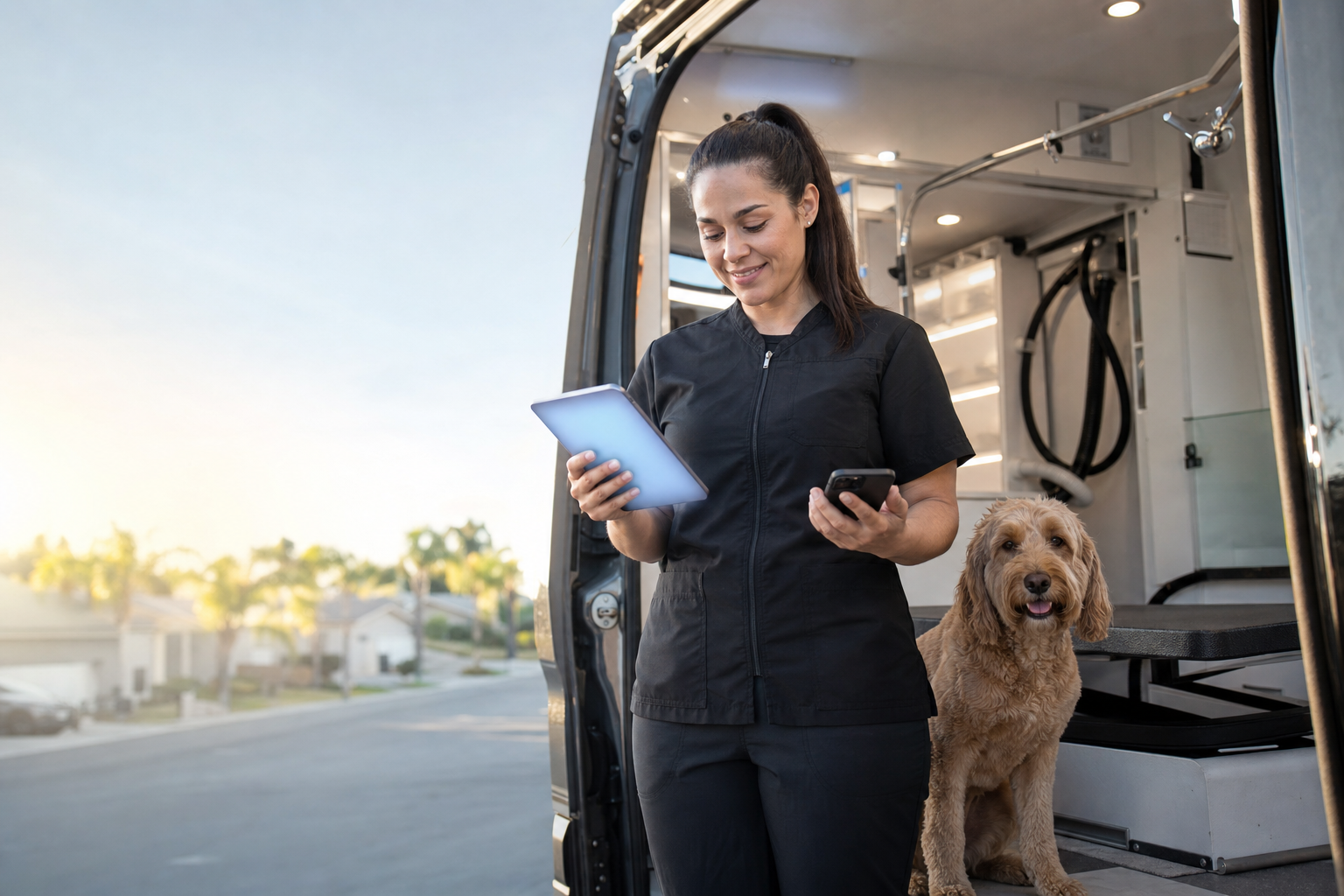 Mobile groomer reviewing the OpenDog workflow beside a grooming van.