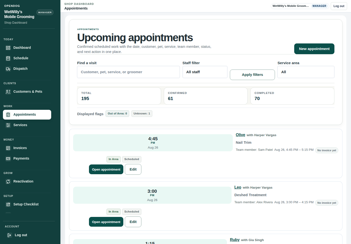Current OpenDog appointments view using truthful WetWilly’s demo data.