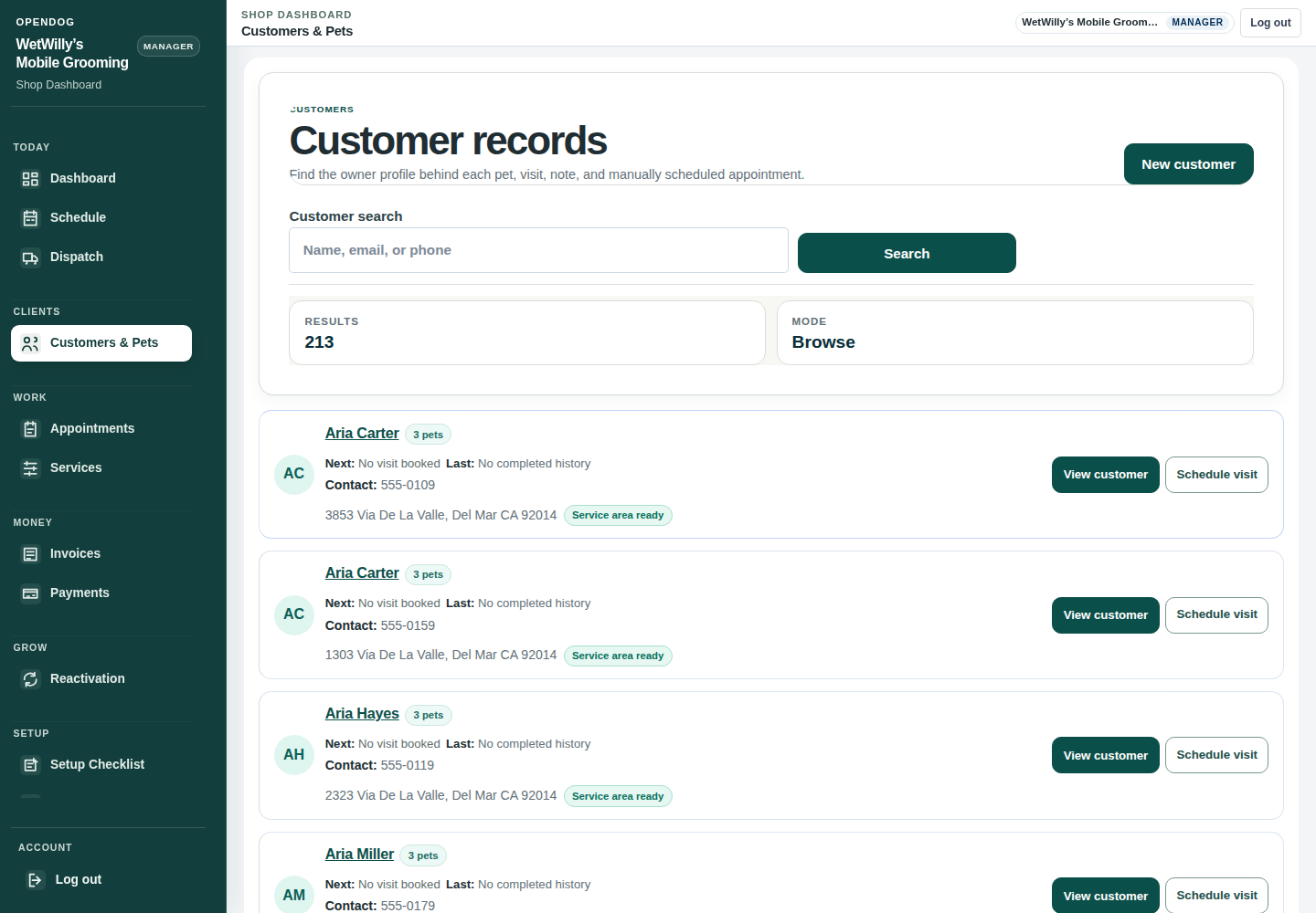 Current OpenDog customer and pet records using truthful WetWilly’s demo data.