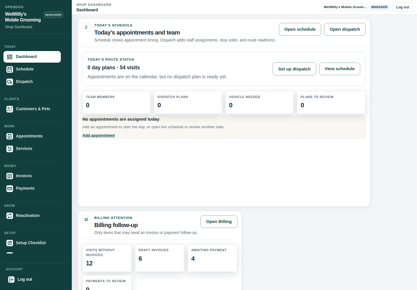 Current OpenDog dashboard showing operational and billing follow-up context.