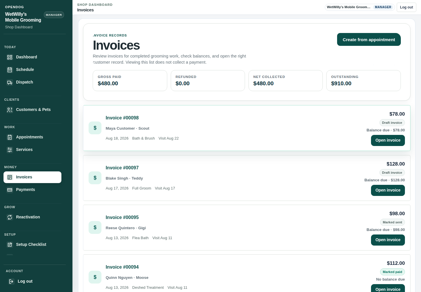 Current OpenDog invoice overview using truthful WetWilly’s demo data.