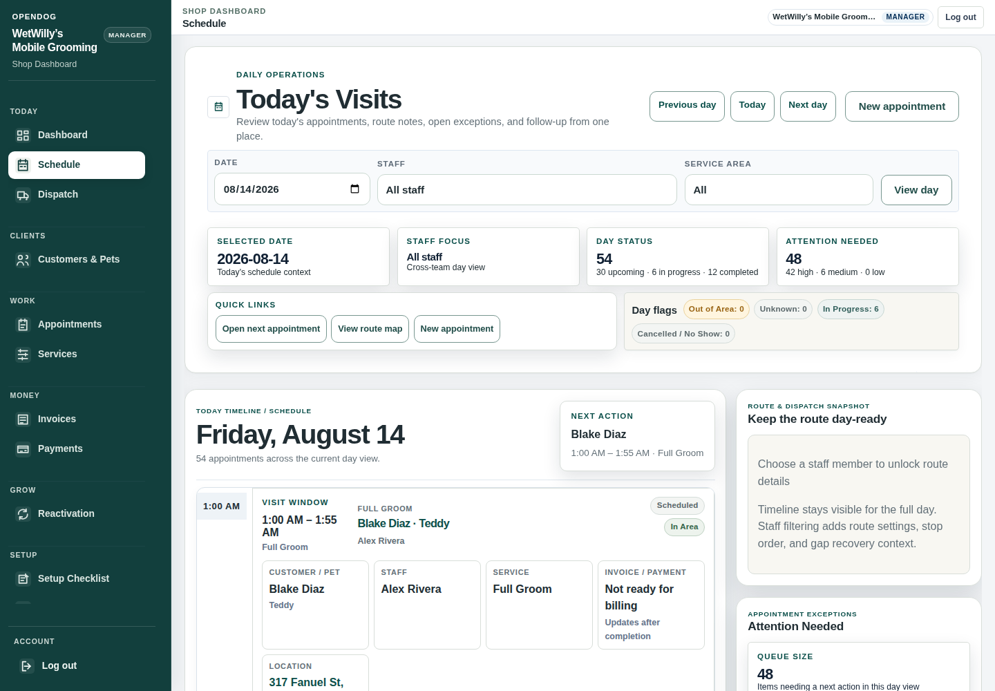 Current OpenDog daily schedule using WetWilly’s Mobile Grooming August 14 demo data.